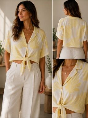 Wilfred Free Yellow Tropical Tie Front Crop Blouse Size S